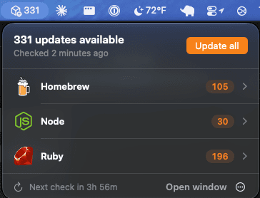The DevHub popover with counts for Homebrew, Node and Ruby
