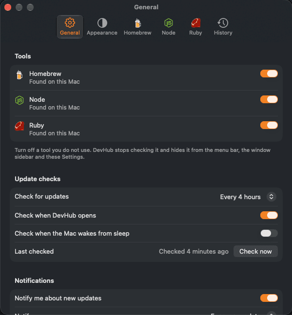 DevHub settings with the tools, update checks and notifications